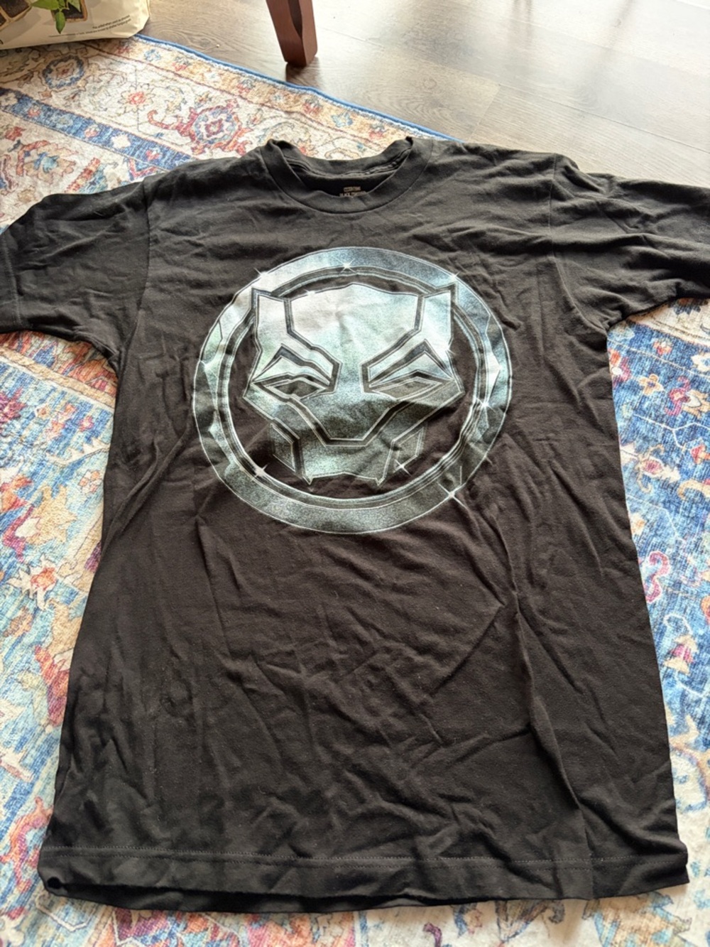Marvel Black Short-Sleeve T-Shirt with Metallic Teal Panther Emblem